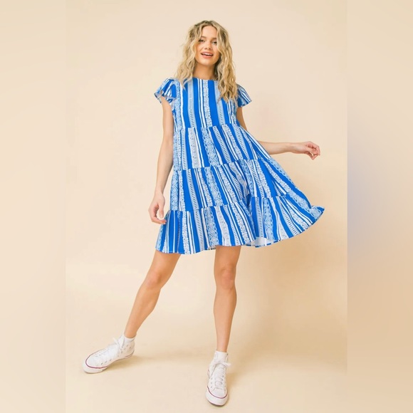 Flying Tomato Layered Ruffle Sleeve Bohemian Mini Dress sz L - Picture 1 of 5